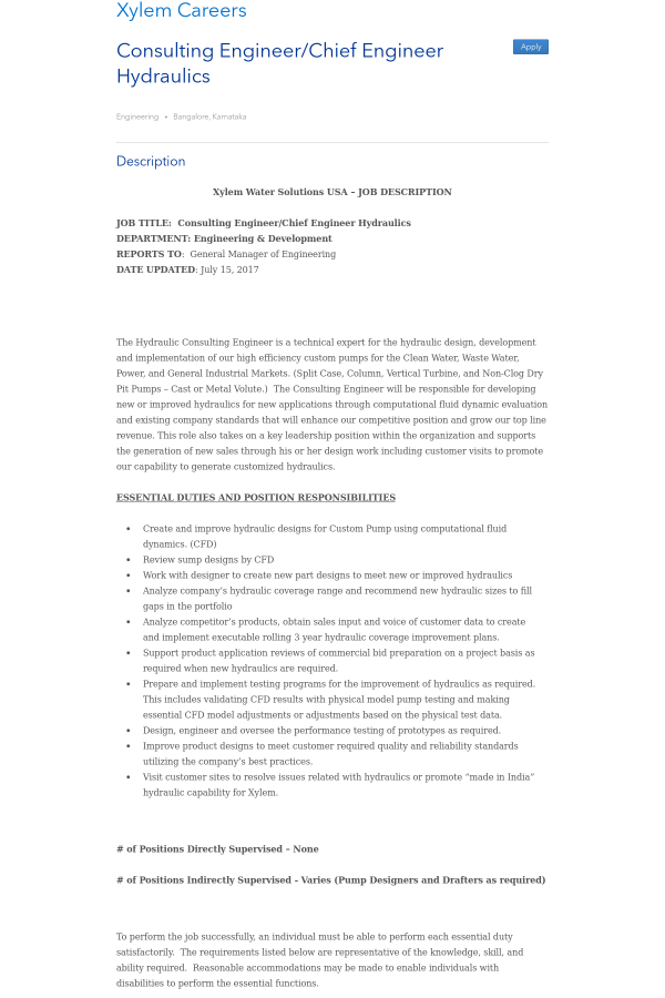 Chief Engineer Job Description | Consulting Engineer Chief Engineer Hydraulics Job At Xylem In Chief Engineer Job Description | Consulting Engineer Chief Engineer Hydraulics Job At Xylem In