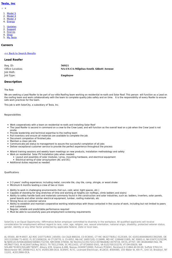 lead roofer job at tesla in milpitas ca 9318782 tapwage job search roofer description