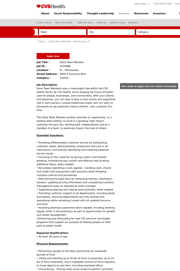 store team member job at cvs health in homosassa fl 9409387