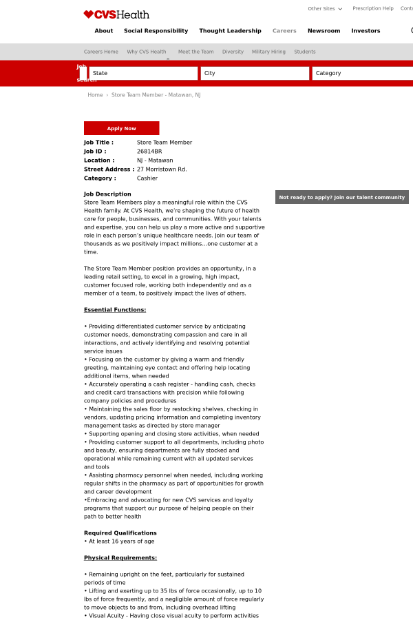 store team member job at cvs health in matawan nj 9450947