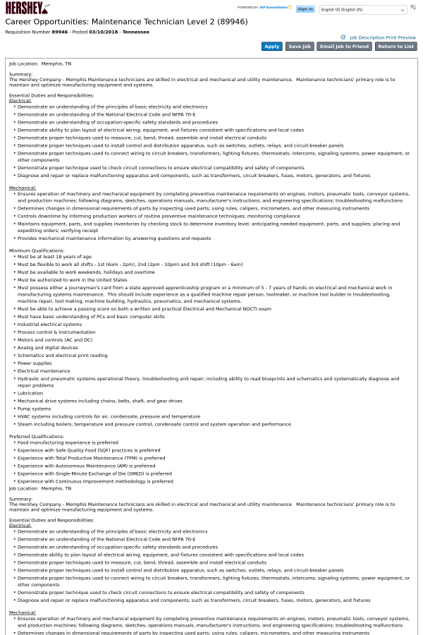 mainteance technician level 2 job at the hershey company in memphis mechanical equipment list