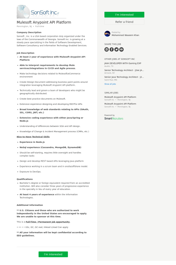 Mulesoft Anypoint API Platform job at SonSoft in Pennington, NJ