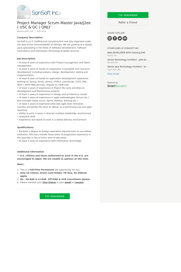 project manager scrum master java j2ee usc gc only job j2ee project manager resume