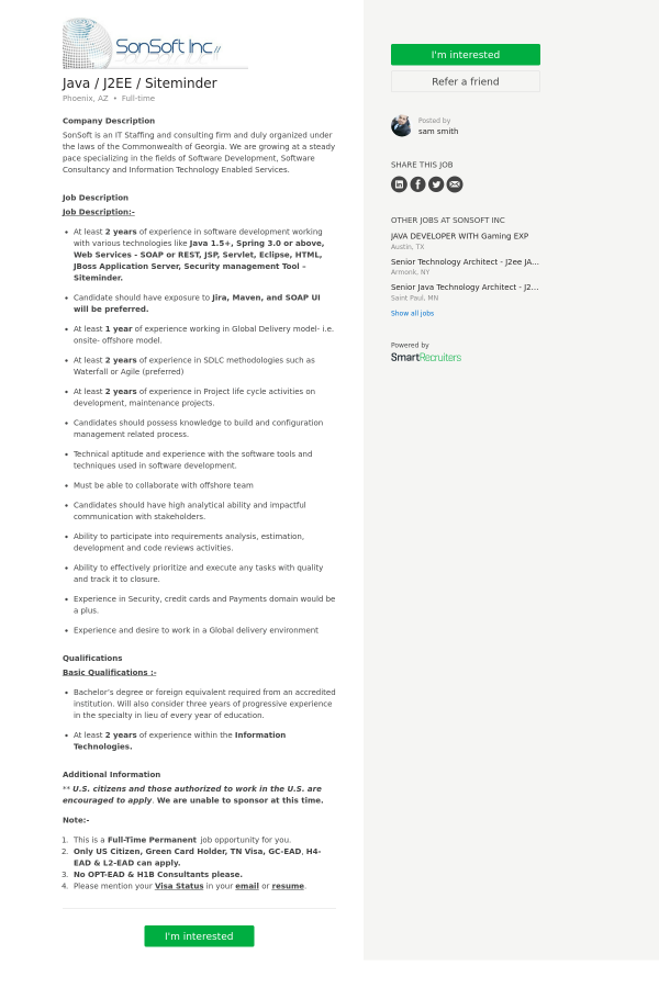java j2ee siteminder job at sonsoft in phoenix az 9965466