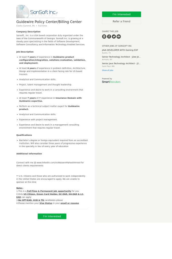 guidewire policy center billing center job at sonsoft in clarks guidewire policy center