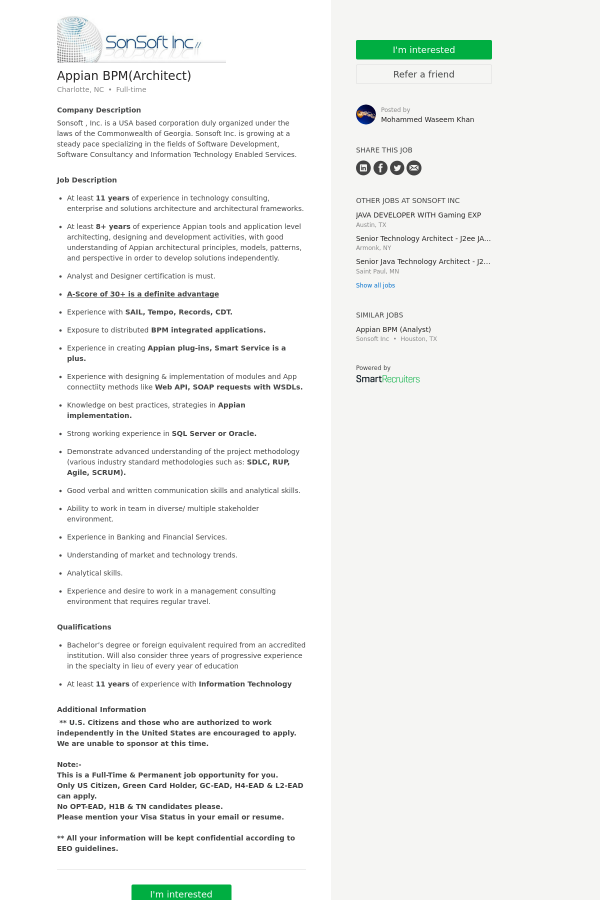 Appian Bpm Architect Job At Sonsoft In Charlotte Nc 9971128 Tapwage Job Search