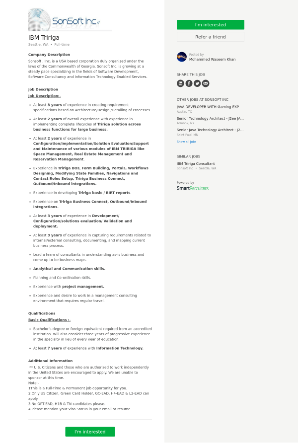 Ibm Tririga Job At Sonsoft In Seattle Wa 9973337 Tapwage Job Search