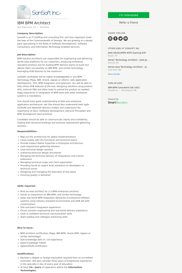 Ibm Bpm Architect Job At Sonsoft In San Francisco Ca 9974269 Tapwage Job Search