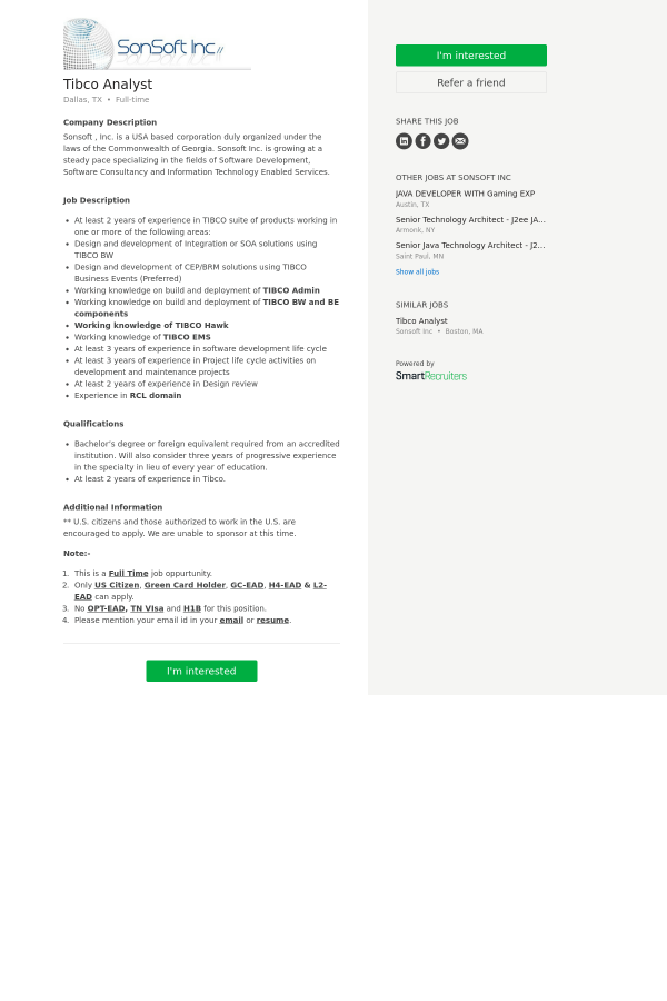 tibco analyst job at sonsoft in dallas tx 9974943 tapwage job