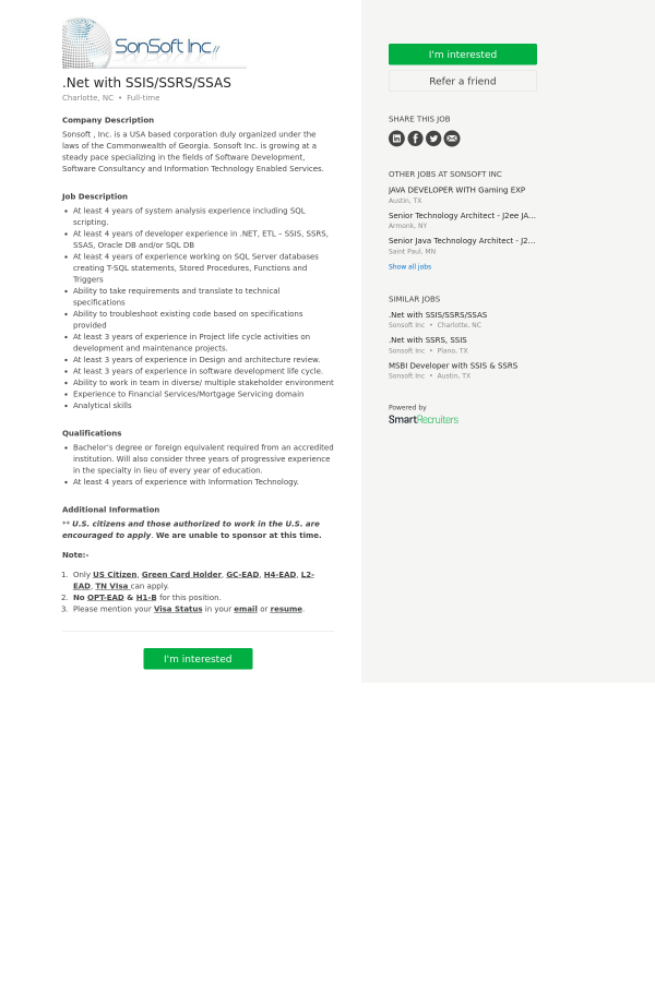 net with ssis ssrs ssas job at sonsoft in charlotte nc