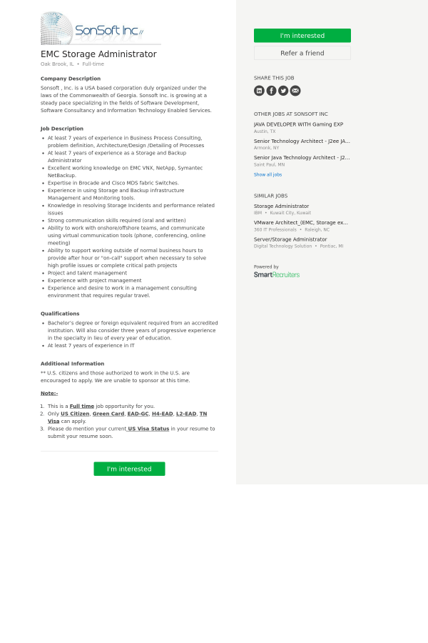 emc storage administrator job at sonsoft in oak brook il 9978840