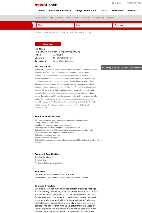 field service technician hanover whippany nj job at cvs health