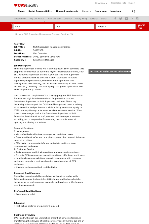 shift supervisor management trainee job at cvs health in dumfries