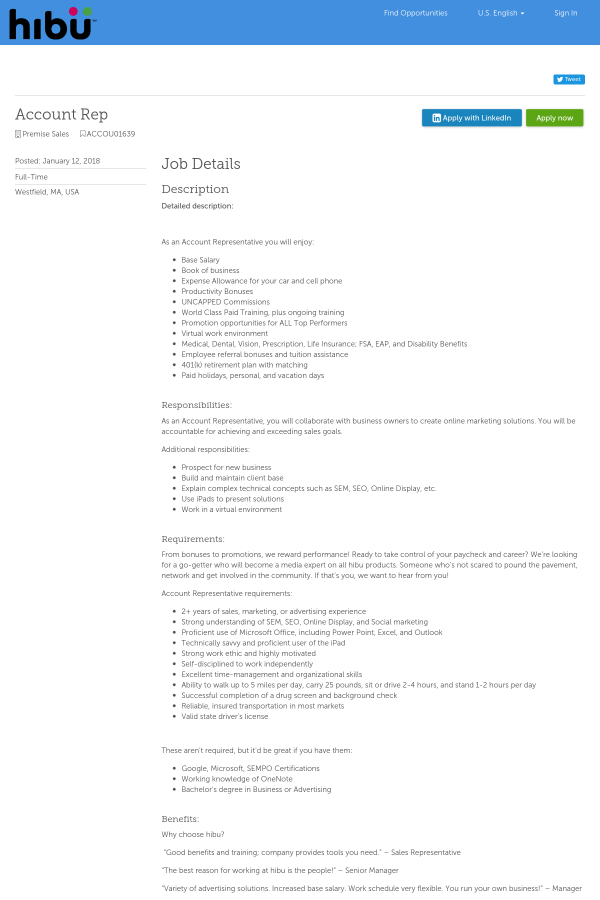 account representative job at hibu in westfield ma tapwage job search microsoft employee referral bonus