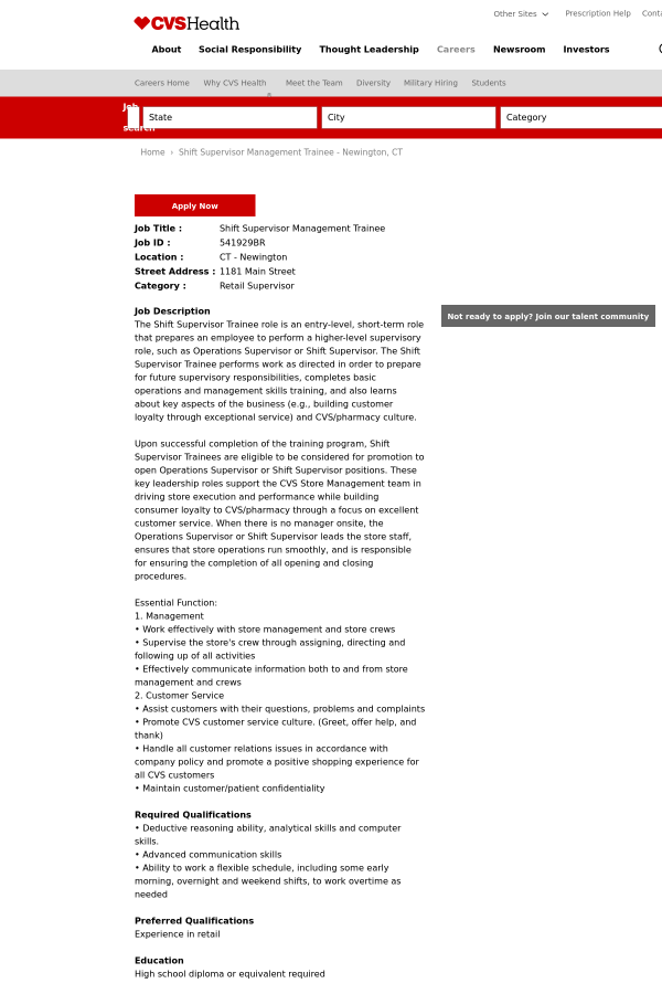 shift supervisor management trainee job at cvs health in newington shift supervisor responsibilities