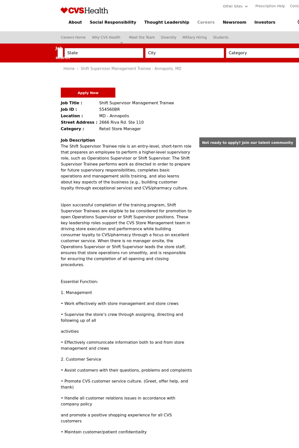 shift supervisor management trainee job at cvs health in annapolis