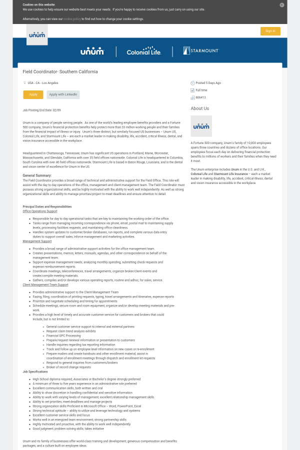field coordinator southern california job at unum group in los colonial life customer service