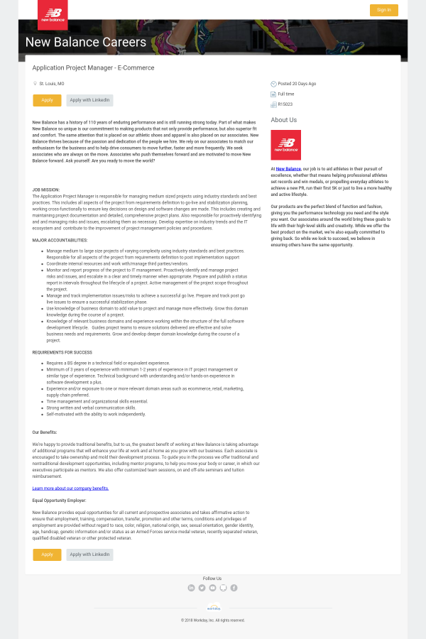 application project manager e commerce job at new balance in st application project manager