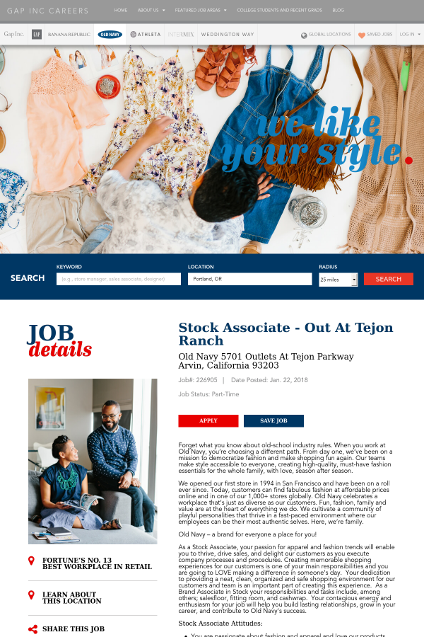 stock associate job at the gap inc in arvin ca tapwage job search gap careers
