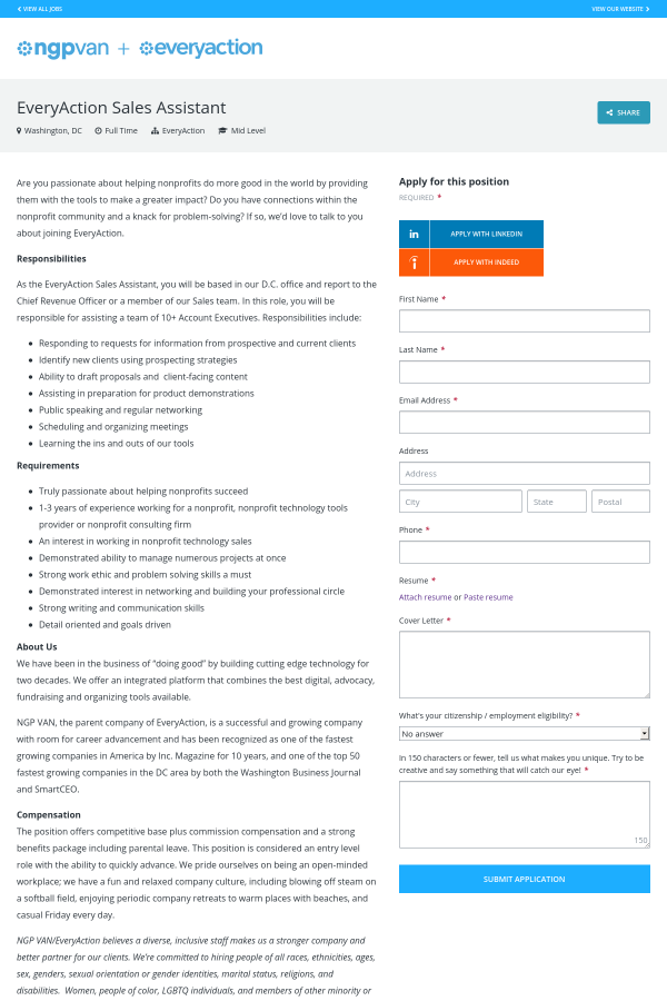 everyaction sales assistant job at ngp van in washington dc what is the role of a sales assistant
