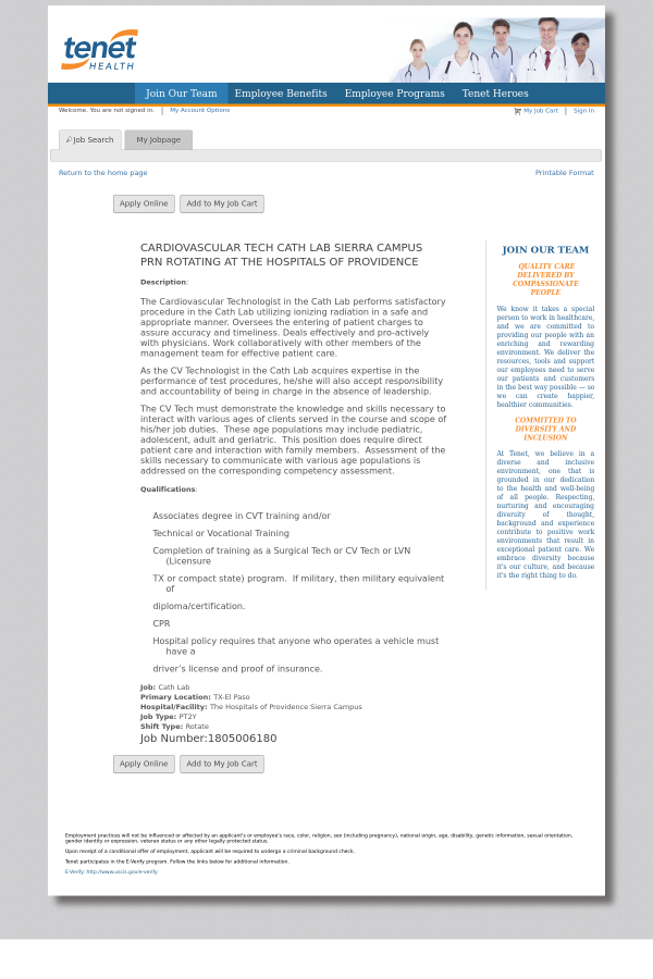 cardiovascular tech cath lab sierra campus prn rotating job at tenet lvn jobs el paso tx