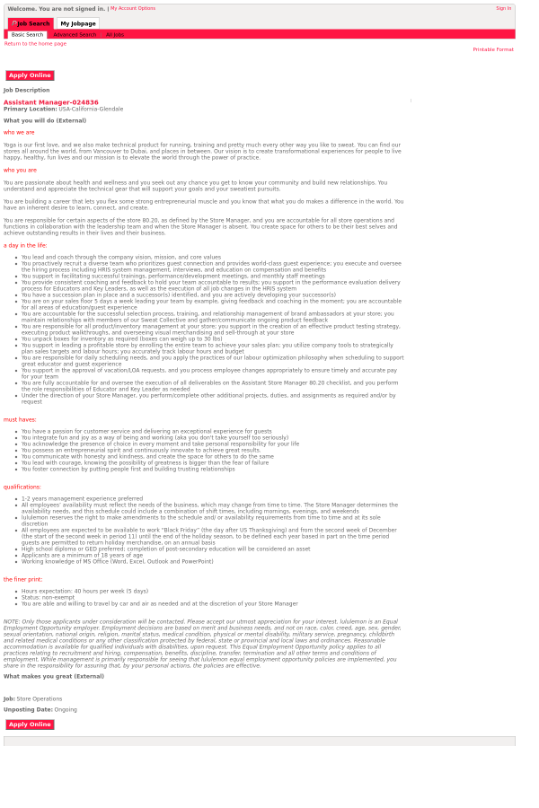 Assistant Manager Job At Lululemon Athletica In Glendale Ca