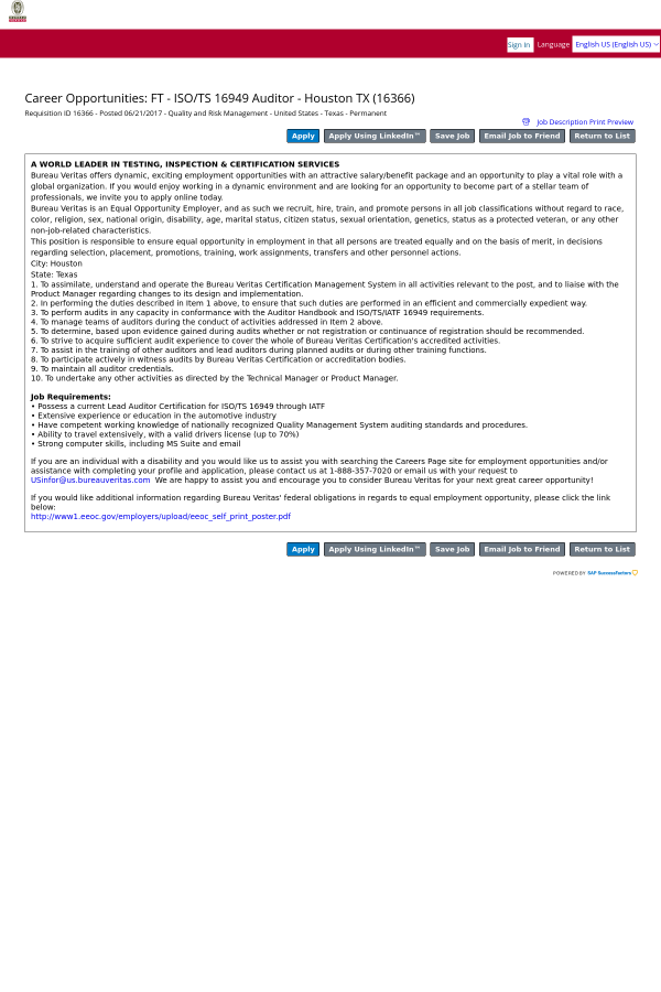 iso ts 16949 auditor houston tx job at bureau veritas in houston