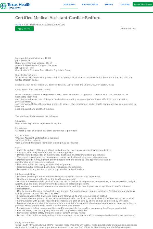 certified medical assistant cardiac bedford job at texas health not certified medical assistant jobs