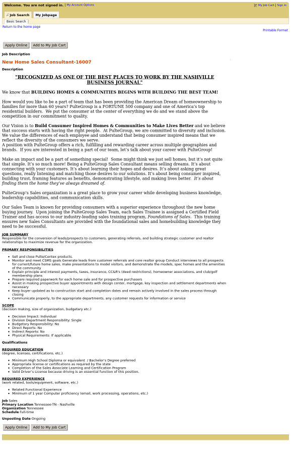 new home sales consultant job at pultegroup in nashville tn