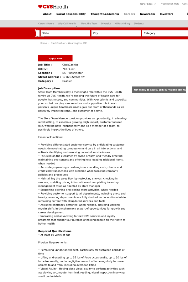 clerkcashier job at cvs health in washington dc 11616537 apply cvs cashier