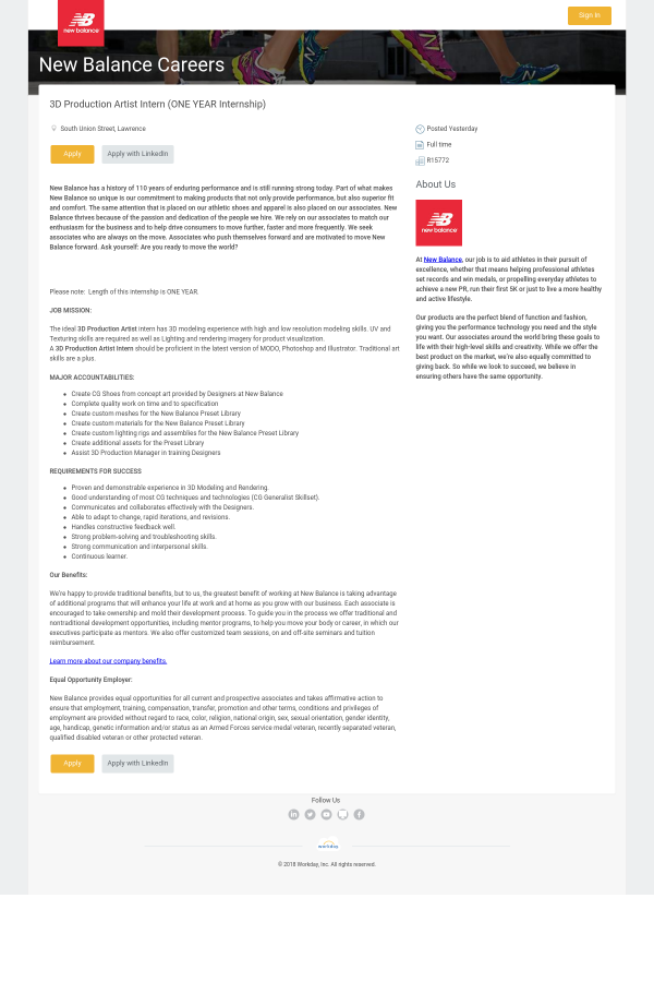 3d production artist intern one year internship job at new balance new balance intern