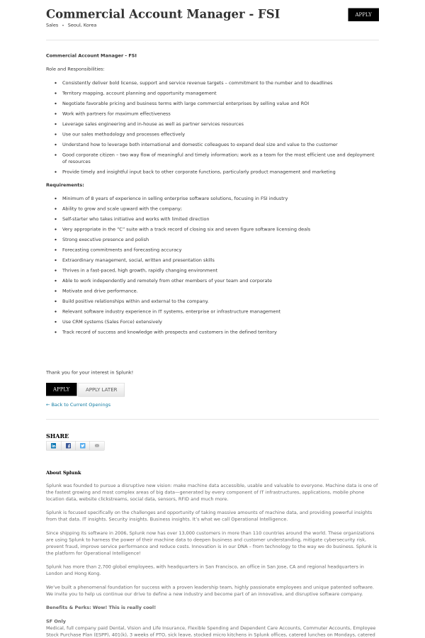 commercial account manager fsi job at splunk in seoul commercial account manager job description
