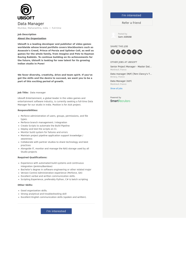 data manager job at ubisoft in mumbai india 11884934 job description data manager