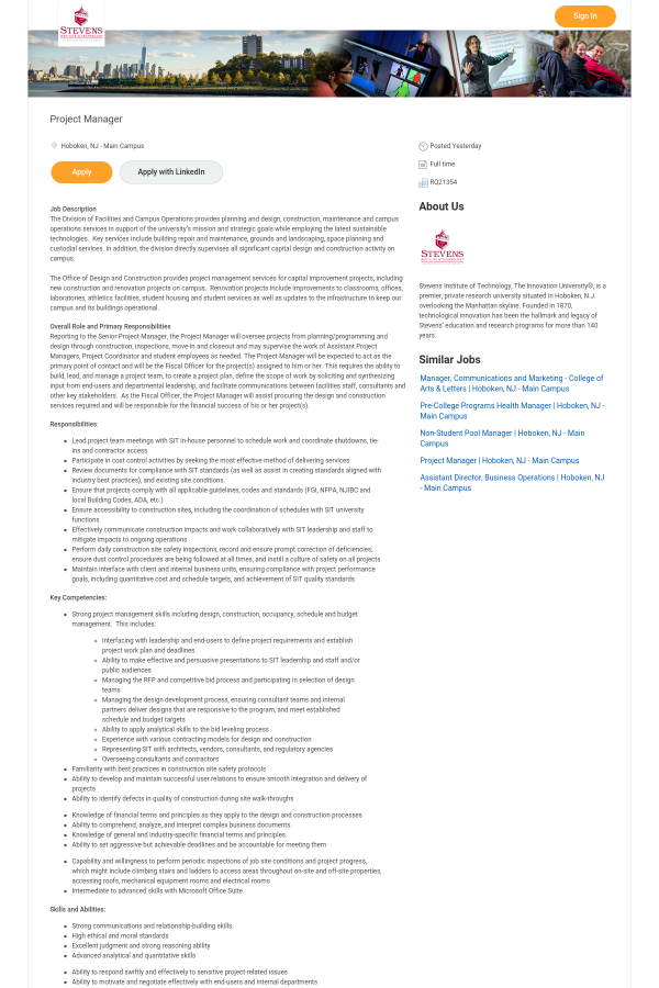 project manager job at stevens institute of technology in hoboken