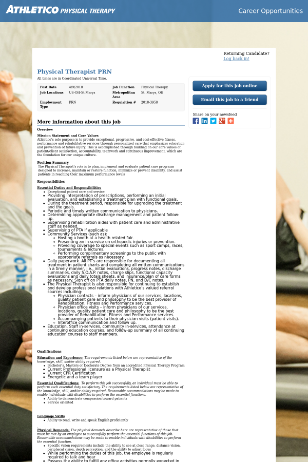 physical therapist prn job at athletico physical therapy in st