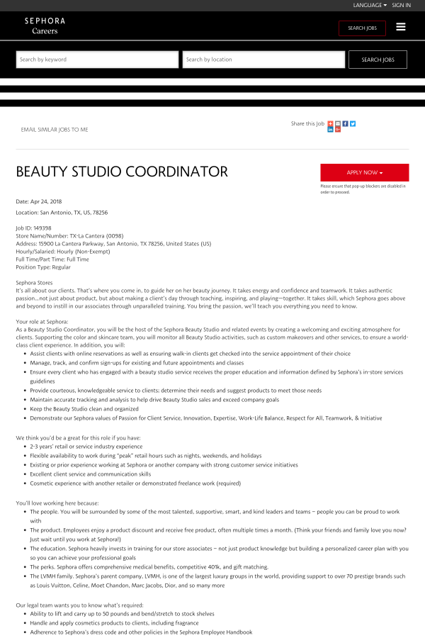beauty studio coordinator job at sephora in san antonio tx la cantera jobs