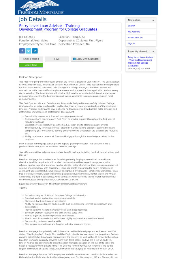 entry level loan advisor training development program for college first flyer freedom mortgage salary