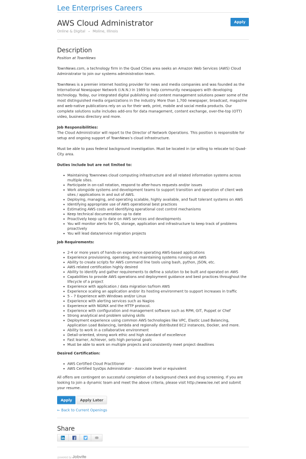 aws cloud administrator job at lee enterprises in moline il
