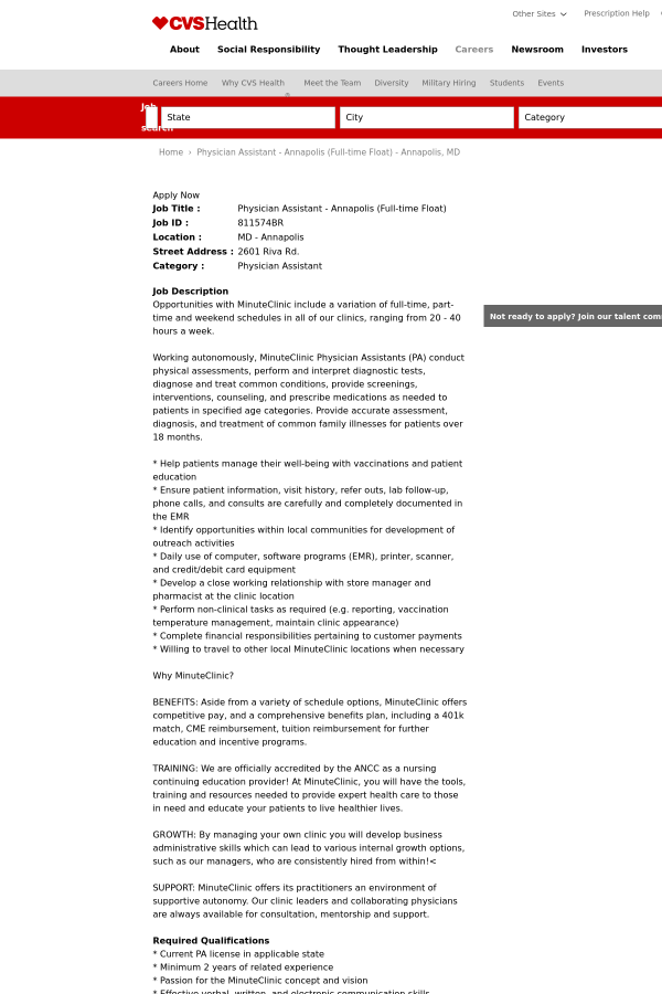 physician assistant annapolis float job at cvs health in