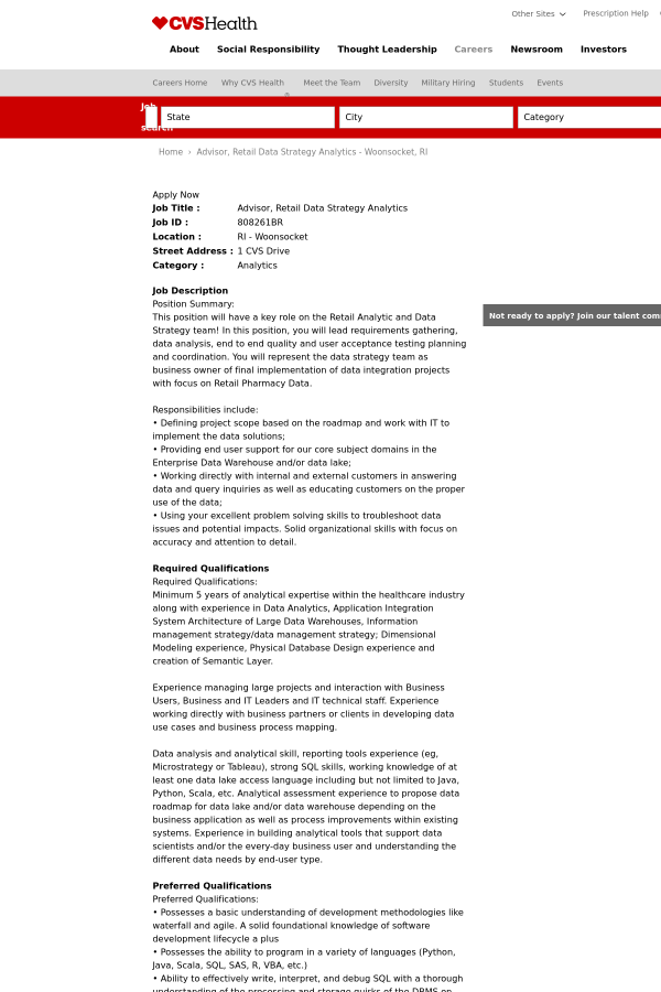 advisor retail data strategy analytics job at cvs health in