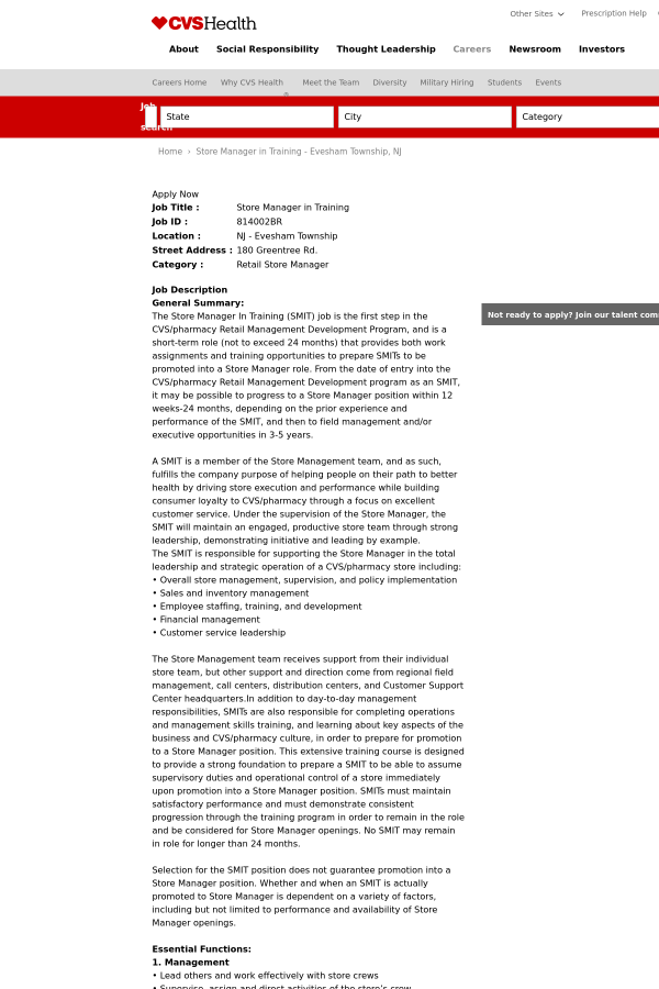 store manager in training job at cvs health in new jersey usa
