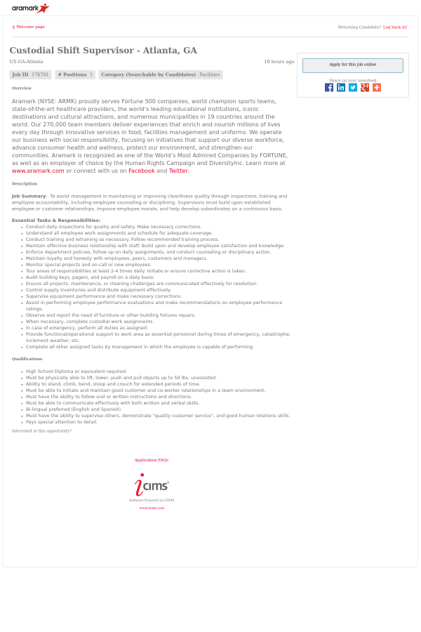 custodial shift supervisor atlanta ga job at aramark in atlanta shift supervisor responsibilities