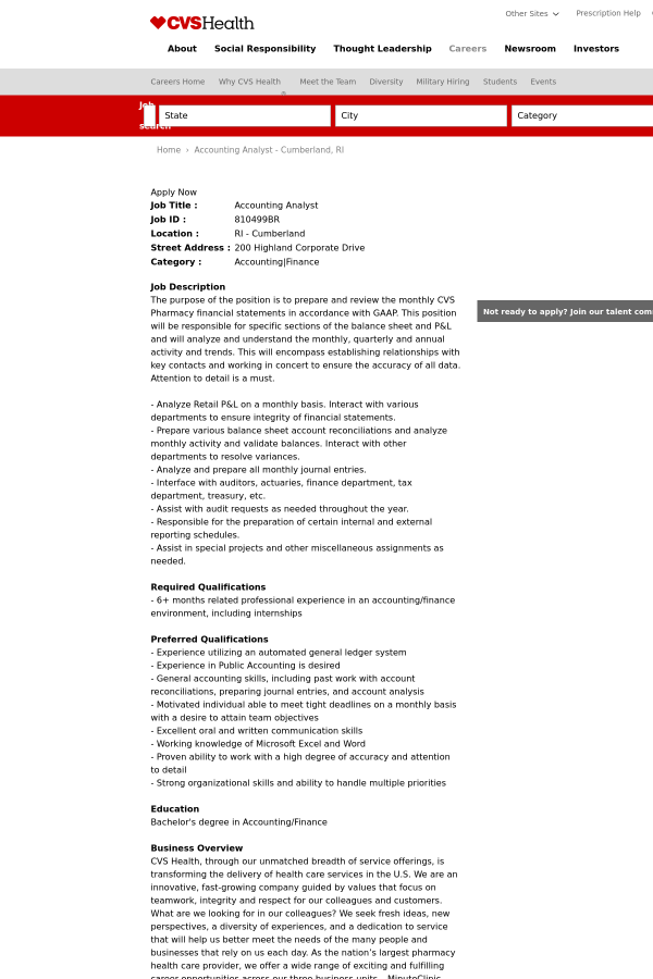 accounting analyst job at cvs health in cumberland ri 12786388