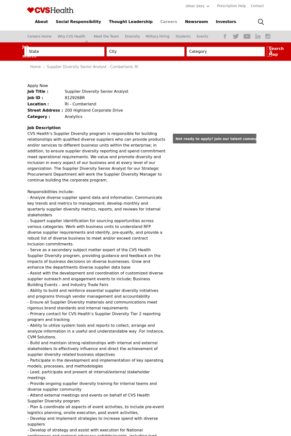 supplier diversity senior analyst job at cvs health in cumberland