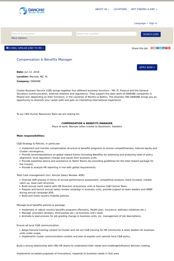 compensation benefits manager job at danone in warsaw poland compensation and benefits manager