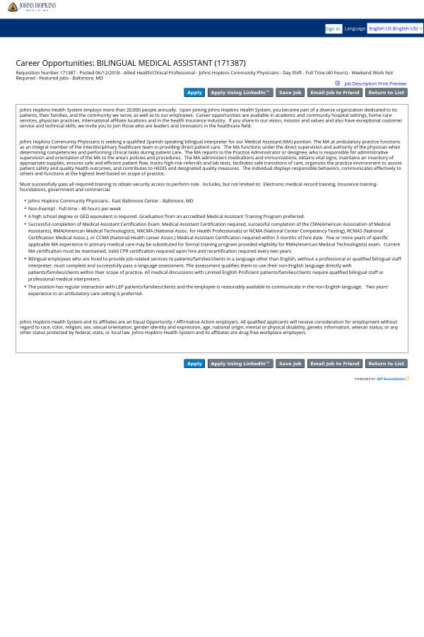 bilingual medical assistant job at johns hopkins bayview medical bilingual medical assistant