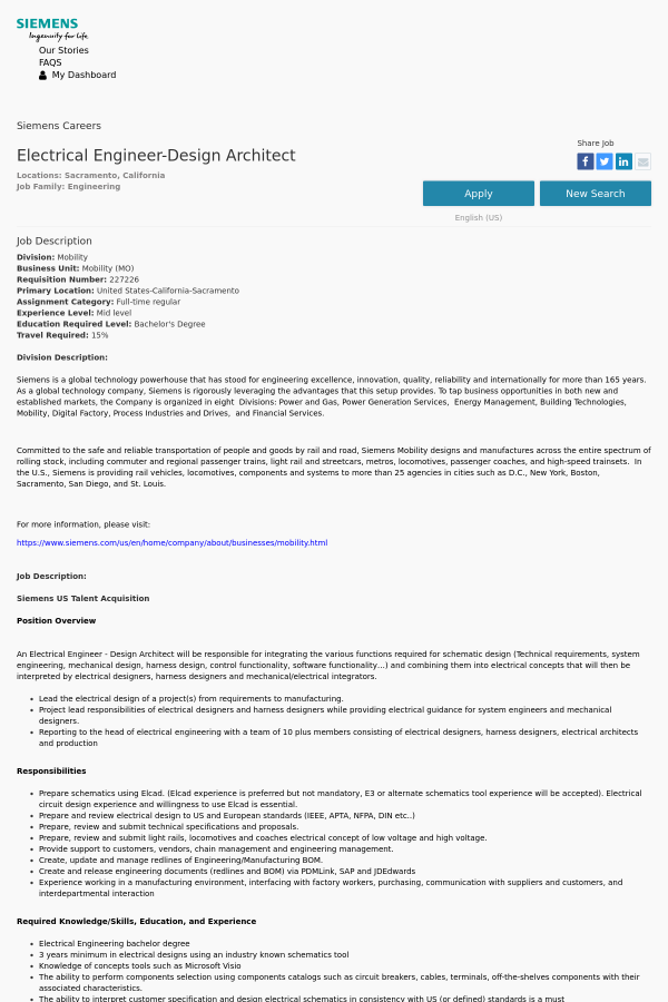 electrical engineer design architect job at siemens in sacramento job description of electrical engineer
