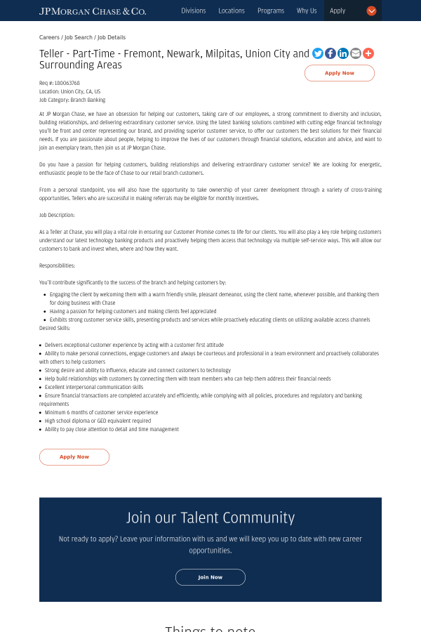 Teller Fremont Newark Milpitas Union City And Job At Jpmorgan