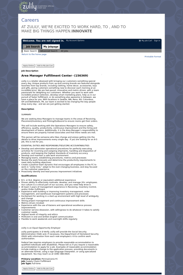 area manager fulfillment center job at zulily in pennsylvania usa area manager job description