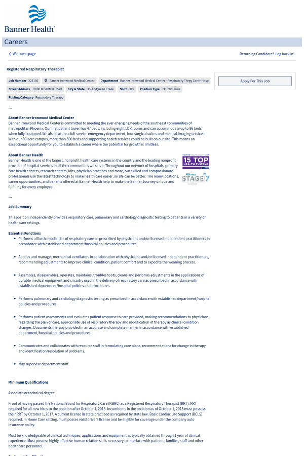 Registered Respiratory Therapist Job At Banner Health In Queen